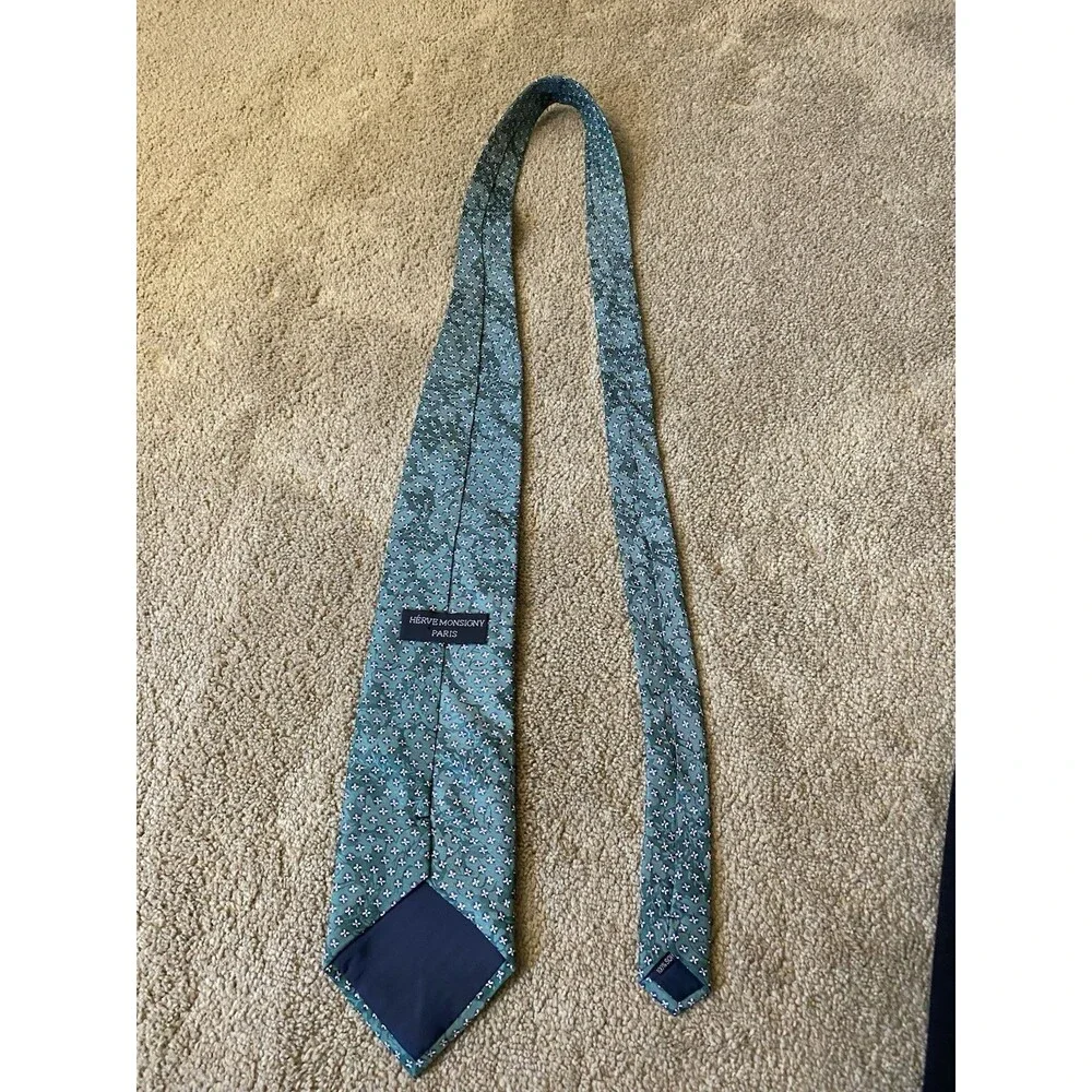 Hervé Monsigny Paris Vintage 100% Silk Designer Necktie Green Floral Geometric